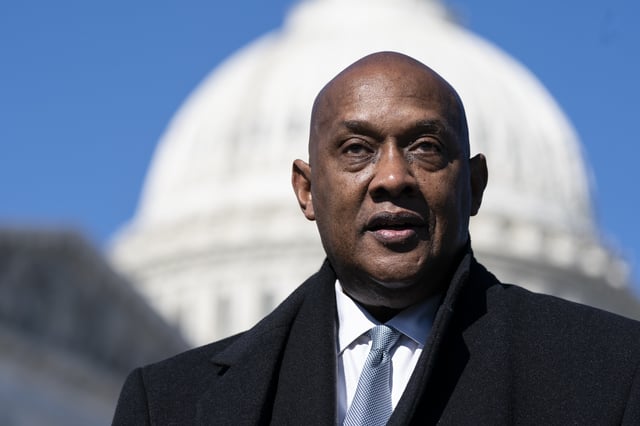 FILE - Rep. Dwight Evans, D-Pa., speaks with reporters about the Violent Incident Clearance and Technological Investigative Methods (VICTIM) Act, on Capitol Hill, Wednesday, Feb. 9, 2022, in Washington. (AP Photo/Alex Brandon, File)