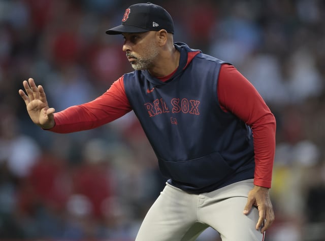 ANAHEIM, CALIFORNIA - JUNE 23: Manager Alex Cora reacts after a double play in the fifth inning against the Los Angeles Angels at Angel Stadium of Anaheim on June 23, 2025 in Anaheim, California.