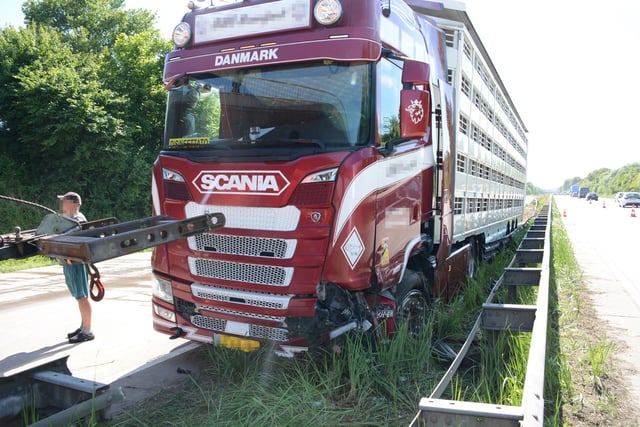 Der verunglückte Tiertransporter auf der A24 bei Schwarzenbek.