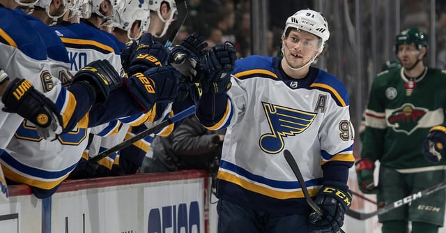 Vladimir Tarasenko (91) celebrated with teammates after scoring a goal in the first period.