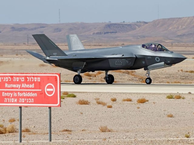 An Israeli air force F-35 fighter lands during the "Blue Flag" multinational air defence exercise at the Ovda air force base, north of the Israeli city of Eilat, on October 24, 2021. - Israel is holding its largest-ever air force exercise this week, joined by several Western countries and India, with the United Arab Emirates air force chief visiting the drills. (Photo by JACK GUEZ / AFP) (Photo by JACK GUEZ/AFP via Getty Images)