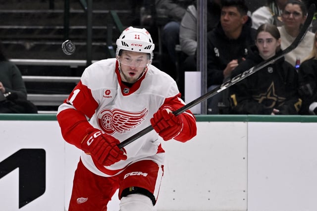 Jan 19, 2025; Dallas, Texas, USA; Detroit Red Wings right wing Vladimir Tarasenko (11) tries to knock the puck out of the air during the first period against the Dallas Stars at the American Airlines Center. Mandatory Credit: Jerome Miron-Imagn Images/File Photo