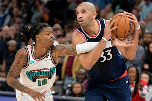 Memphis Grizzlies guard Ja Morant (12) defends against Clippers forward Nicolas Batum (33) in the second half of an NBA basketball game, Monday, Dec. 23, 2024, in Memphis, Tenn. (AP Photo/Brandon Dill)
