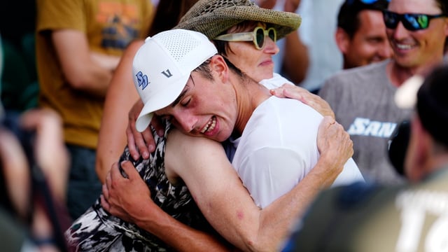 Oliver Tarvet celebrates his first-round victory at Wimbledon