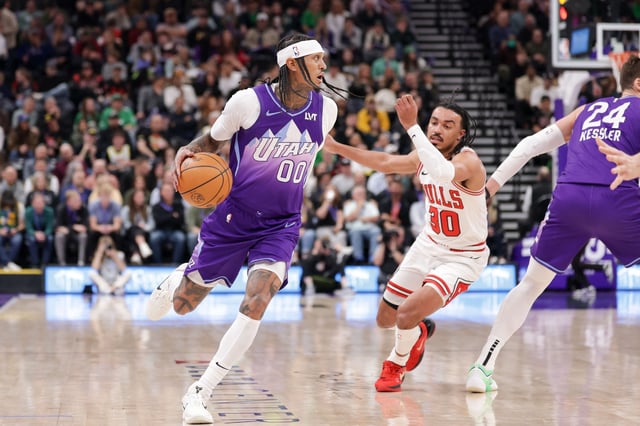 Mar 17, 2025; Salt Lake City, Utah, USA;  Utah Jazz guard Jordan Clarkson (00) brings the ball up the court during the second quarter against the Chicago Bulls at Delta Center. Mandatory Credit: Chris Nicoll-Imagn Images/File Photo