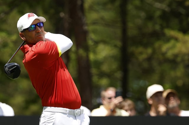 Jun 7, 2025; Gainesville, Virginia, USA; Sergio Garcia of team Fireballs GC hits a tee shot on the fifteenth hole during the second round of the LIV Golf Virginia golf tournament at Robert Trent Jones Golf Club. Mandatory Credit: Geoff Burke-Imagn Images/File Photo