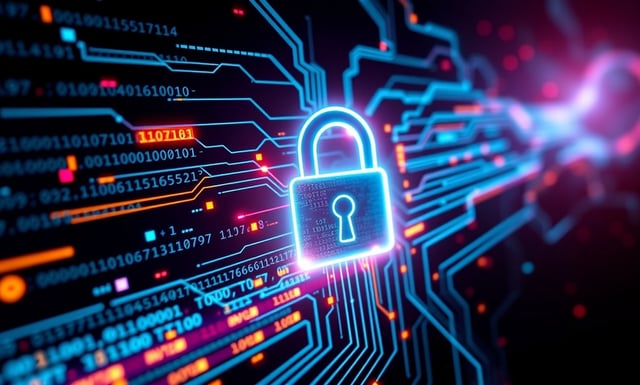 A glowing digital lock surrounded by streams of binary code and data points, symbolizing cybersecurity.