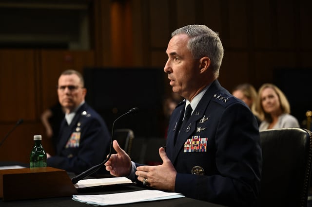 Air Force Lieutenant General Gregory Guillot (L), nominee to be general and commander of the US Northern Command and commander of the North American Aerospace Defense Command during a US Senate Armed Services Committee nomination hearing on Capitol Hill in Washington, DC, on July 26, 2023.