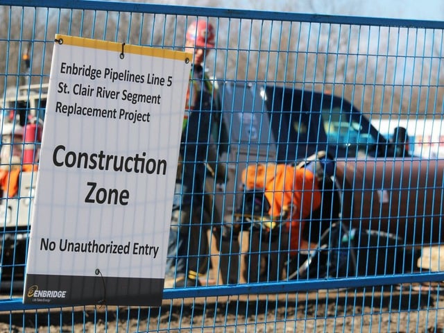 A file photo shows work in 2020 to replace the Enbridge Line 5 pipeline crossing under the St. Clair River near Sarnia, Ont.