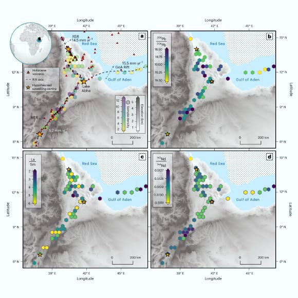 Variation in geochemical and geophysical properties around the Afar Triangle. Image credit: Watts et al., doi: 10.1038/s41561-025-01717-0.