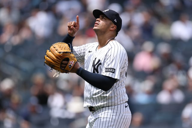 Jun 22, 2025; Bronx, New York, USA; New York Yankees relief pitcher Fernando Cruz (63) reacts after striking out the side during the eighth inning against the Baltimore Orioles at Yankee Stadium. Mandatory Credit: Vincent Carchietta-Imagn Images/File Photo