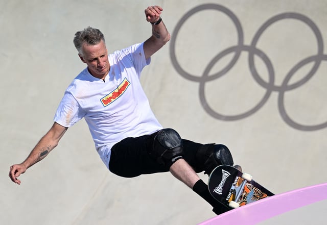 Paris 2024 Olympics - Skateboarding - Men's Street Prelims - La Concorde 3, Paris, France - July 29, 2024. Professional skateboarder Tony Hawk of United States in action on the skate park before the heats. REUTERS/Angelika Warmuth/File Photo