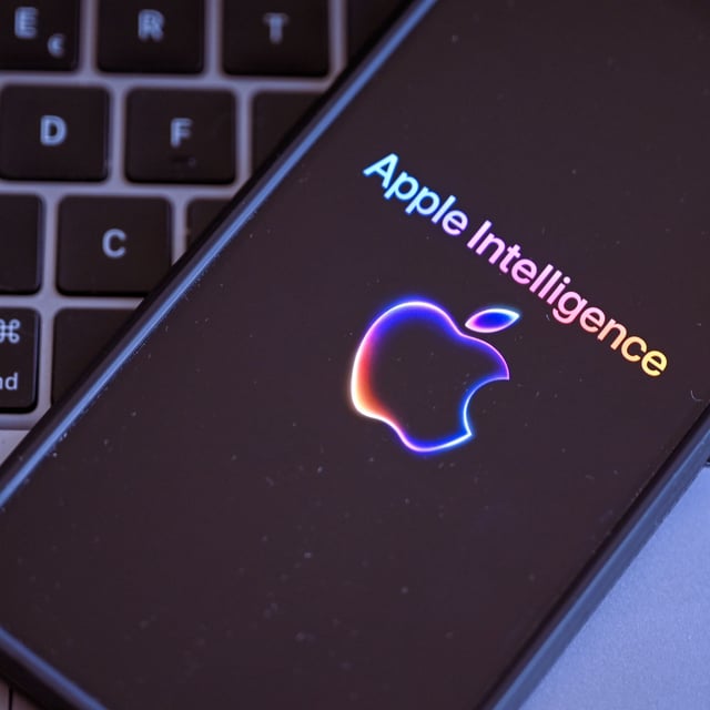 An iPhone with the Apple Intelligence logo on top of a MacBook keyboardm