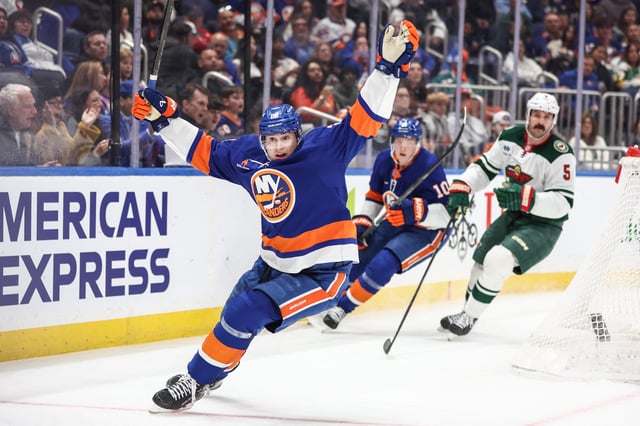 Apr 4, 2025; Elmont, New York, USA;  New York Islanders defenseman Alexander Romanov (28) celebrates in the second period against the Minnesota Wild at UBS Arena. Mandatory Credit: Wendell Cruz-Imagn Images/File Photo