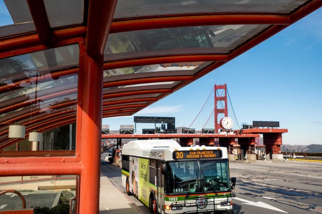 A bus passes the Golden Gate Bridge toll plaza in San Francisco. Golden Gate Bridge tolls and Golden Gate Transit and Ferry fares will increase starting July 1, as part of a multi-year funding plan.