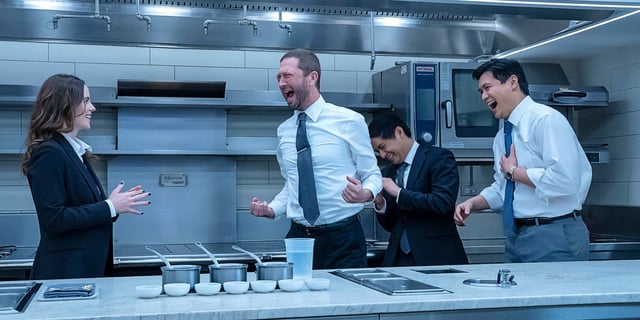 Jess, Richie, Garrett, and Rene laughing together in The Bear episode "Forks".