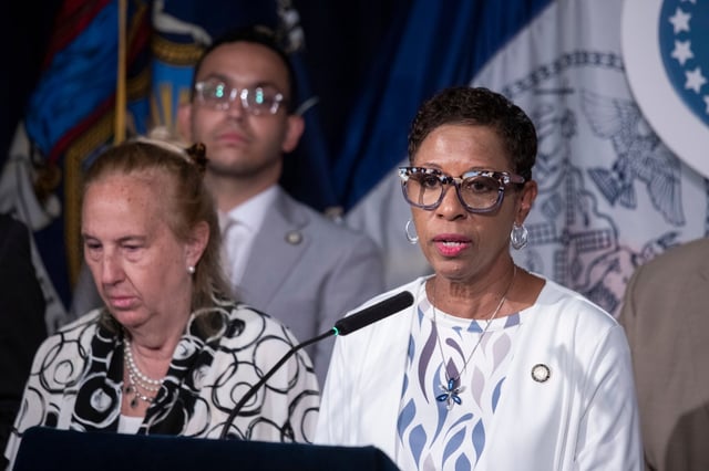 Speaker Adrienne Adams and the NYC Council Hold Prestated Press Conference on June 30, 2025. 
(John McCarten/NYC Council Media Unit)