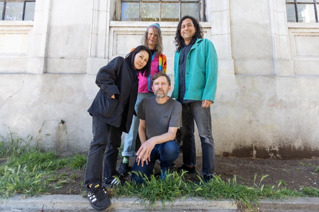 (Clockwise from top left) Greg Saunier, Ed Rodriguez, John Dieterich and Satomi Matsuzaki of Deerhoof before a show at the Rickshaw Stop in San Francisco on May 8, 2025.