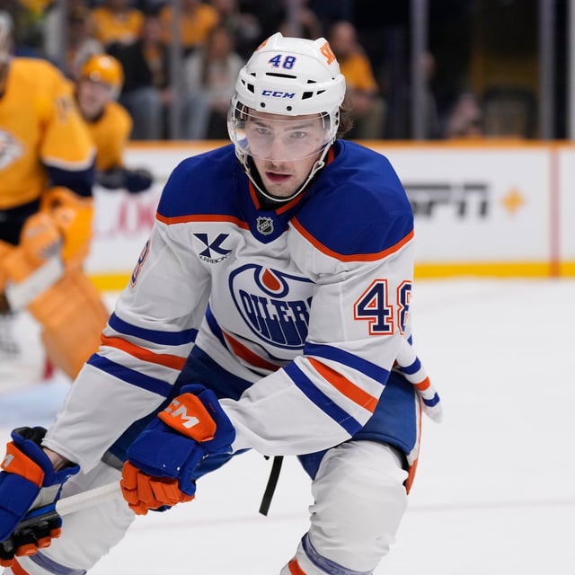 Edmonton Oilers centre Noah Philp (48) plays during the first period of an NHL hockey game against the Nashville Predators, Thursday, Oct. 31, 2024, in Nashville, Tenn. (AP Photo/George Walker IV)