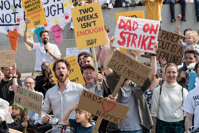 Fathers, mothers and supporters protest in Trafalgar Square demanding that the UK government improve statutory paternity leave provision earlier this month (Photo: Wiktor Szymanowicz/Future Publis)