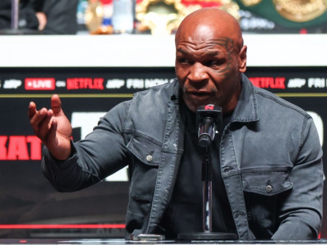 IRVING, TEXAS - NOVEMBER 13: Mike Tyson speaks at the final press conference for his upcoming heavyweight fight against Jake Paul at Toyota Music Factory on November 13, 2024 in Irving, Texas. (Photo by Ed Mulholland/Getty Images)