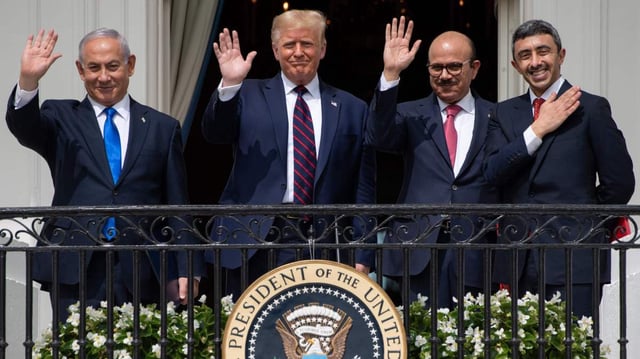 President Trump with Binyamin Netanyahu and the foreign ministers of Bahrain and UAE in 2020, after signing the Abraham Accords