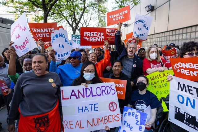 Protesters against rent increases rally before the annual preliminary vote of the Rent Guidelines Board at the LaGuardia Performing Arts Center in Queens on Wednesday, April 30, 2025. (Shawn Inglima / New York Daily News)