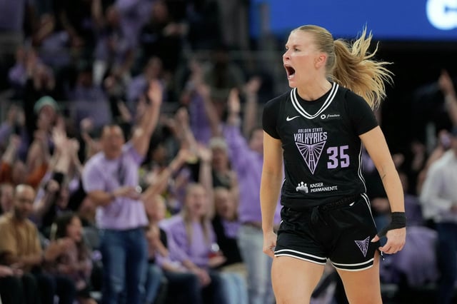 Golden State Valkyries guard Julie Vanloo celebrates after scoring against the Los Angeles Sparks in San Francisco, Friday, May 16, 2025.