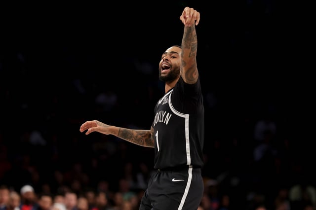 Mar 28, 2025; Brooklyn, New York, USA; Brooklyn Nets guard D'Angelo Russell (1) reacts after missing a three point shot against the Los Angeles Clippers during the third quarter at Barclays Center. Mandatory Credit: Brad Penner-Imagn Images/File Photo