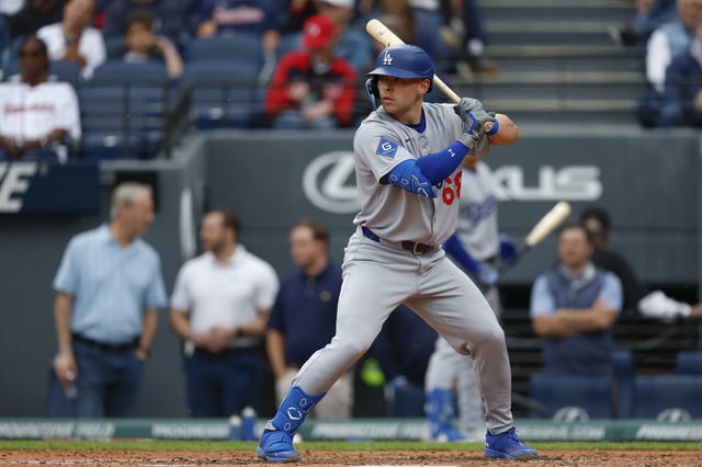 CLEVELAND, OHIO - MAY 27: Dalton Rushing #68 of the Los Angeles Dodgers waits for a pitch in the fourth inning during a game against the Cleveland Guardians at Progressive Field on May 27, 2025 in Cleveland, Ohio.