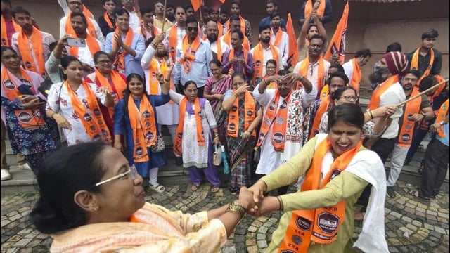 Maharashtra Navnirman Sena (MNS) workers celebrate after the Maharashtra State Government revoked the three-language policy (PTI)