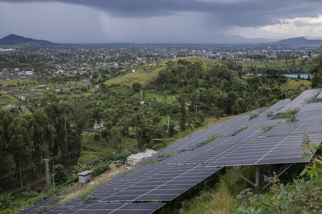 A solar farm operates on May 23, 2025, in Bulengo, a neighborhood near Goma, Congo. (AP Photo/Moses Sawasawa)