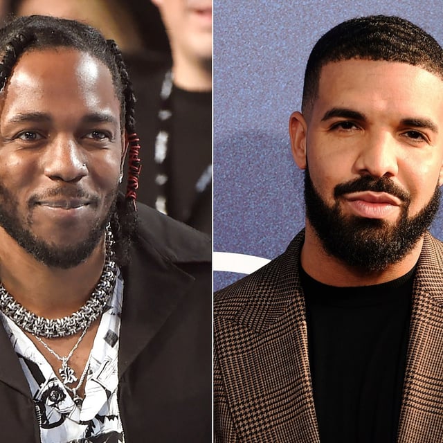 FILE - In this combination of images, rapper Kendrick Lamar appears at the MTV Video Music Awards on Aug. 27, 2017, in Inglewood, Calif., left, and Canadian rapper Drake appears at the premiere of the series "Euphoria," in Los Angeles on June 4, 2019. (AP Photos/Chris Pizzello, File)