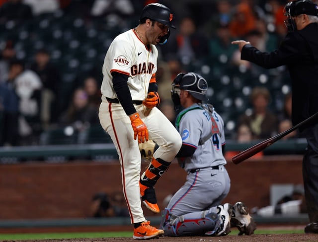 San Francisco Giants’ Casey Schmitt (10) reacts after being hit with a pitch against the Miami Marlins in the ninth inning at Oracle Park in San Francisco, Calif., on Wednesday, June 25, 2025. (Nhat V. Meyer/Bay Area News Group)