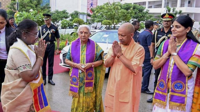 Uttar Pradesh chief minister Yogi Adityanath greets President Droupadi Murmu in Gorakhpur on Monday in the presence of governor Anandiben Patel and Union minister of state for health and family welfare Anupriya Patel. (PTI PHOTO)