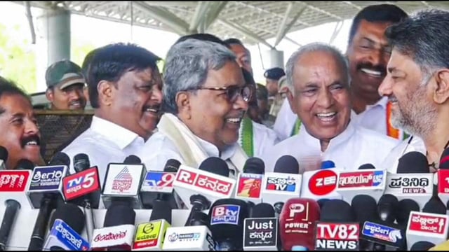 Chief minister Siddaramaiah and deputy chief minister DK Shivakumar address a press conference in Mysuru on Monday. (ANI)