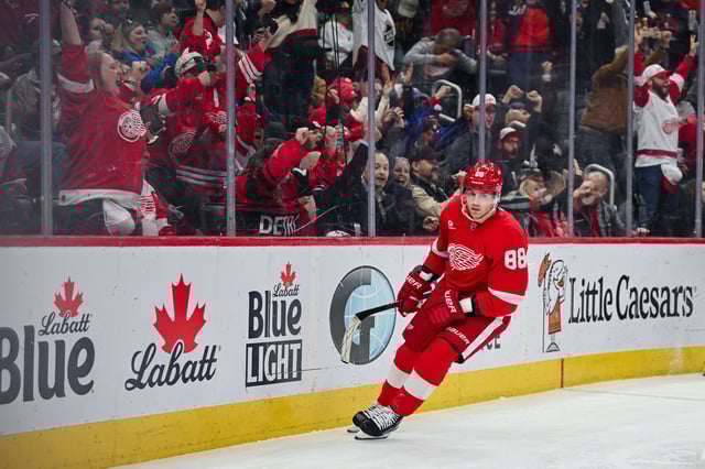 Apr 4, 2025; Detroit, Michigan, USA; Detroit Red Wings right wing Patrick Kane (88) as fans celebrate his goal during the second period against the Carolina Hurricanes at Little Caesars Arena. Mandatory Credit: Tim Fuller-Imagn Images/File Photo