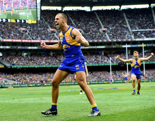 2018 AFL Grand Final. Dom Sheed of the Eagles celebrates kicking a goal during the 2018 AFL Grand Final.