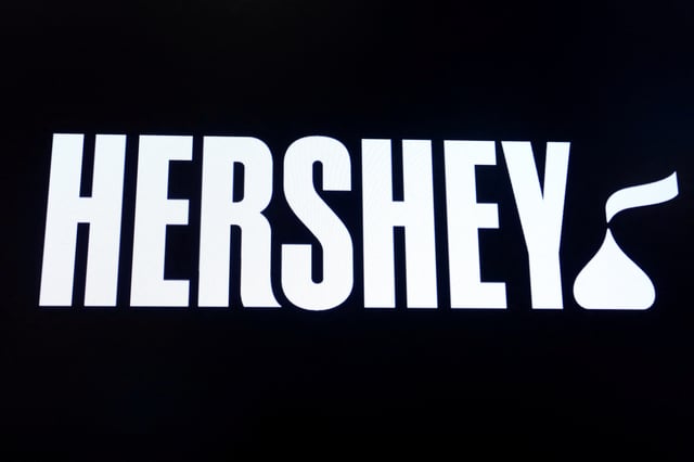 The company logo for Hershey Co. is displayed on a screen on the floor of the New York Stock Exchange (NYSE) in New York, U.S., March 4, 2019. REUTERS/Brendan McDermid/File Photo