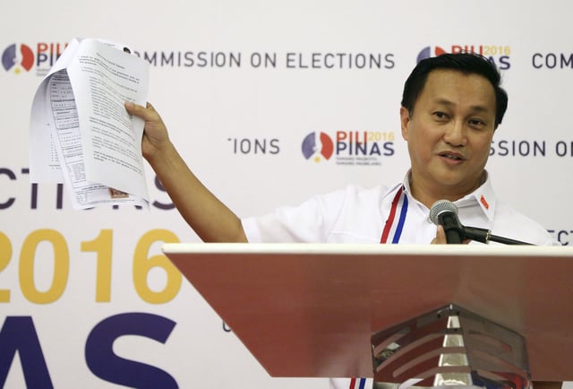 FILE - Philippine former Metro Manila Development Authority (MMDA) chief Francis Tolentino answers questions from reporters after filing as a candidate for senator in next year's presidential elections in Manila, Philippines, on Oct. 14, 2015. (AP Photo/Aaron Favila, File)