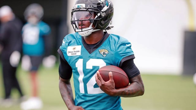 Jacksonville Jaguars wide receiver Travis Hunter (12) during rookie minicamp at Miller Electric Center.