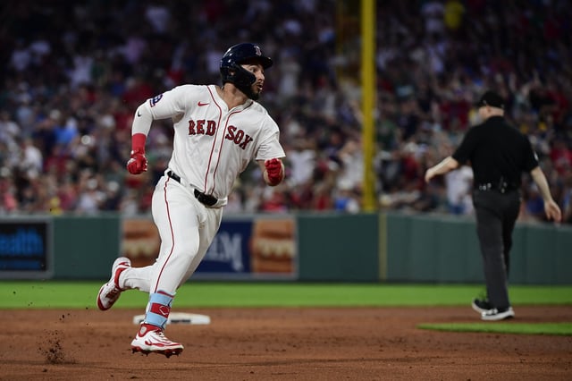 Jun 30, 2025; Boston, Massachusetts, USA; Boston Red Sox right fielder Wilyer Abreu (52) rounds the bases after hitting an inside the park home run during the fifth inning against the Cincinnati Reds at Fenway Park. Mandatory Credit: Bob DeChiara-Imagn Images
