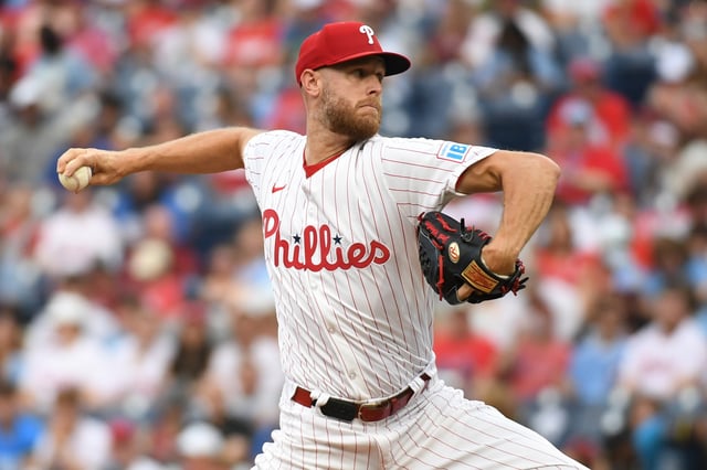 Jun 30, 2025; Philadelphia, Pennsylvania, USA; Philadelphia Phillies pitcher Zack Wheeler (45) throws a pitch during the second inning against the San Diego Padres at Citizens Bank Park. Mandatory Credit: Eric Hartline-Imagn Images