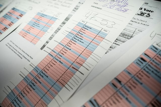 Documents tracking Senate votes are seen at the U.S. Capitol as Republican lawmakers struggle to pass U.S. President Donald Trump's sweeping spending and tax bill, on Capitol Hill in Washington, D.C., U.S., July 1, 2025. REUTERS/Nathan Howard