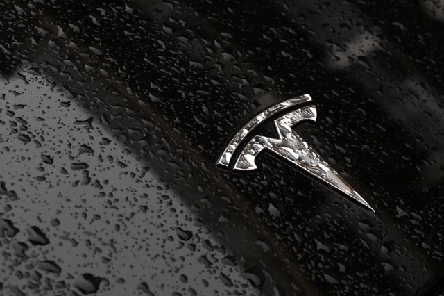 The logo of Tesla is seen on a Tesla car in Brussels, Belgium April 24, 2025. REUTERS/Yves Herman/File Photo