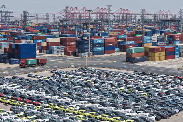 Chinese-made electric vehicles are ready for export at the auto terminal of Shanghai Port in Shanghai, China, on June 11, 2025. (Photo by Costfoto/NurPhoto via Getty Images)