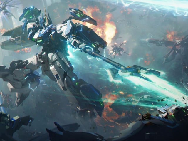 Mecha Break release times: Art of a large mech leaping into the air as it jabs a glowing spear into a mech on the ground.
