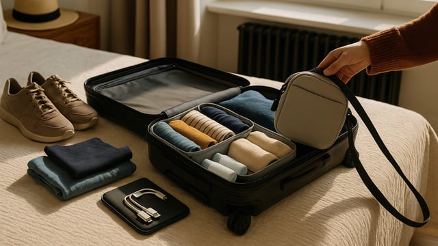 A thoughtfully packed cabin bag with essentials, ready for a fuss-free trip through cities, metros and everyday travel moments.