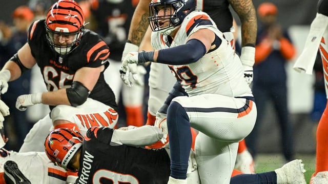 Zach Allen (99) of the Denver Broncos kneels after sacking Joe Burrow (9) of the Cincinnati Bengals during the overtime period of the Bengals’ 30-24 win at Paycor Stadium in Cincinnati on Saturday, Dec. 28, 2024. (AAron Ontiveroz/The Denver Post/TNS)