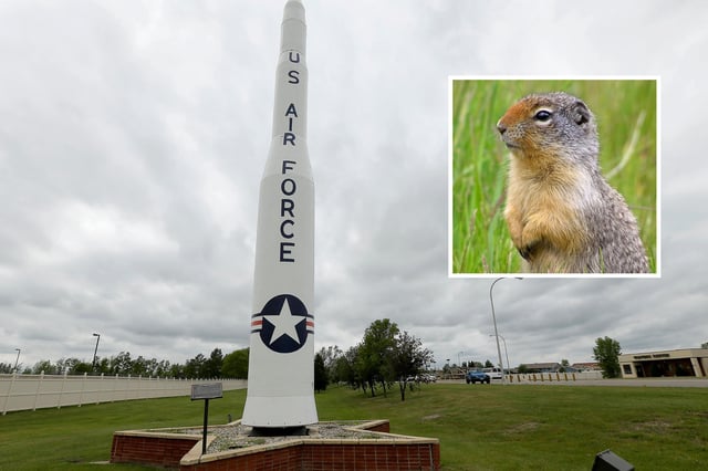 Main: A retired Minuteman 1 missile stands at the main entrance to Minot Air Force Base, North Dakota, June 25, 2014. 
Inset: A &#39;dakrat&#39; squirrel